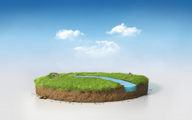 Fantasy 3D rendering circle podium grass field with river, surreal 3D Illustration round soil cutaway cross section isolated on blue sky
