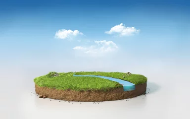 Fotobehang Fantasy 3D rendering circle podium grass field with river, surreal 3D Illustration round soil cutaway cross section isolated on blue sky © redtiger9