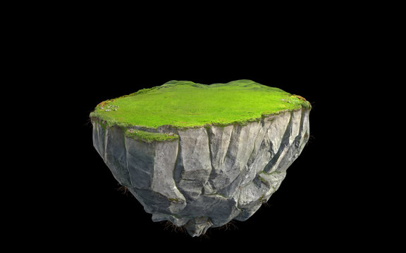 3D fantasy floating island with green grass land isolated on black, surreal float rock mountain with paradise concept 3d illustration