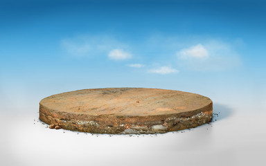 3D rendering round cutaway terrain floor with rock isolated, realistic 3D Illustration circle soil ground cross section with earth land