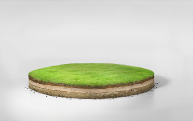 3D Illustration round soil ground cross section with earth land and green grass, realistic 3D rendering circle cutaway terrain floor with rock isolated on white