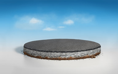 3D illustration asphalt road on circular layered soil cross section , realistic 3D rendering slice cylinder cutaway with tar road isolated on blue sky