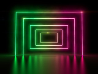 3d rendering of square portal glowing lines futuristic tunnel, neon lights virtual reality, vibrant pink green spectrum laser show