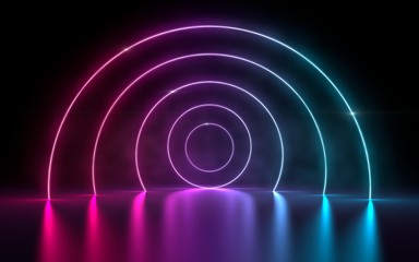 3d rendering of ultraviolet circle portal glowing lines futuristic tunnel, neon lights virtual reality, vibrant magenta cyan spectrum psychedelic laser show