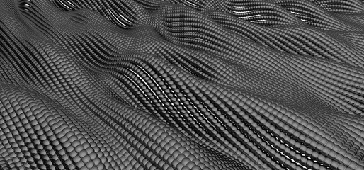 Flowing black particles. Abstract wavy shape made of small balls. 3D rendering image.