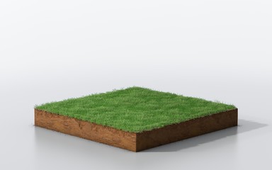 cubical soil land geology cross section with green grass, 3D Illustration earth mud ecology cut away isolated