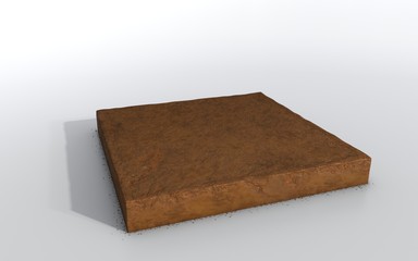 3D Illustration cubical soil land geology cross section, isolated earth mud ecology cut away