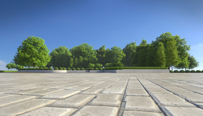 Empty concrete tiles with comfortable garden with blue sky, nice street pedestrian with beautiful park