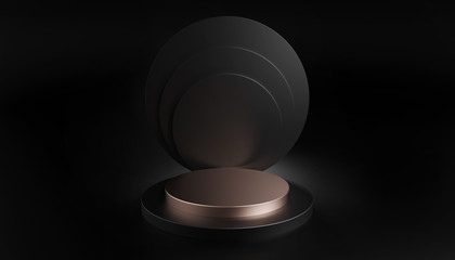 3d rendering of luxury cooper podium for product presentation on black background with copper line, abstract minimal concept, elegant minimalist classic mockup