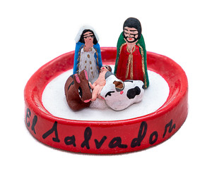 handcrafted  nativity scene for Christmas made in El Salvador on white background, porcelain...