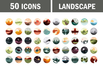 landscape nature mountains ocean and forest in circle icons set flat style icon