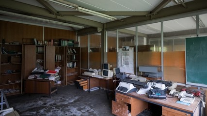 Messy office in an abandoned building