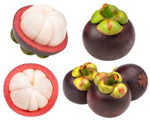 Mangosteen with leaves isolated on white background, Whole Mangosteen fruit with slice isolated on white with clipping path