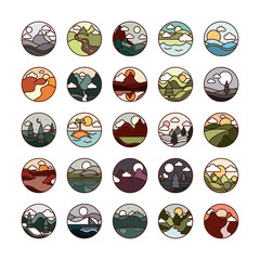landscape nature mountains ocean and forest in circle icons set line and fill icon