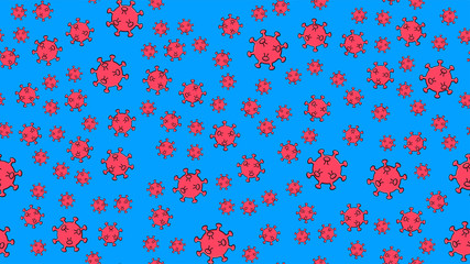 Fototapeta na wymiar Endless seamless pattern of red dangerous infectious deadly respiratory coronaviruses pandemic epidemic, Covid-19 microbe viruses causing pneumonia on a blue background