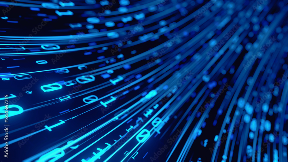 Poster 3d rendering of abstract fast moving binary computer data. high speed motion blur. concept of leadin