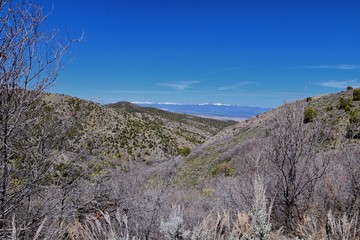Views of Wasatch Front Rocky Mountains from the Oquirrh Mountains in early spring, Hiking in Yellow Fork trail and Rose Canyon in Great Salt Lake Valley. Utah, United States. USA.