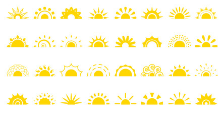 Set of sun flat cartoon icon. Simple decorative elements for logotype sunrise, sunset. Graphic symbol different shapes, half sun with rays for design app weather. Isolated on white vector illustration
