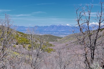 Views of Wasatch Front Rocky Mountains from the Oquirrh Mountains in early spring, Hiking in Yellow Fork trail and Rose Canyon in Great Salt Lake Valley. Utah, United States. USA.