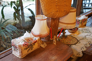 Interior design and decoration of coffee bar and bakery shop decorated with wooden furniture and antique props