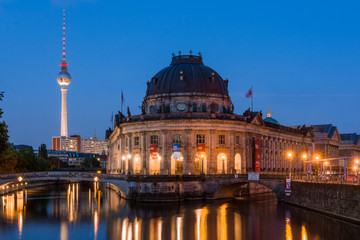 Berlin's Bode Museum, TV Tower and Spree River at dusk