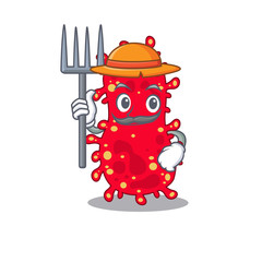 Naklejka premium Cartoon character design of moraxella as a Farmer with hat and pitchfork