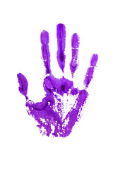 Purple watercolor human hand print on white background isolated close up, violet handprint illustration, colorful palm and fingers silhouette mark, one hand shape painted stamp, drawing imprint