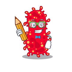 A brainy student moraxella cartoon character with pencil and glasses