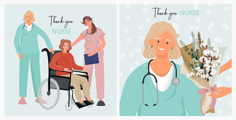 Set of cards for International Nurses Day. Nice vector flat illustration with nurses and a female patient in a wheelchair. Thank you doctor and nurse.