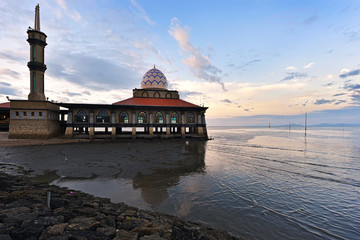 Beautiful mosque at sunset. Alhussain mosque, located in Kuala perlis, Malaysia.