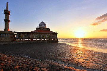 Beautiful mosque at sunset. Alhussain mosque, located in Kuala perlis, Malaysia.