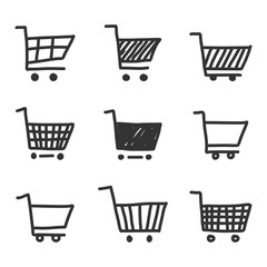Set of black cart icons , Symbols of shopping. Design element on white background. Hand drawn style. Vector illustration.