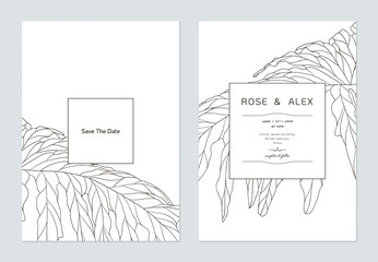 Minimalist wedding invitation card template design, Philodendron bipinnatifidum leaves line art ink drawing on white