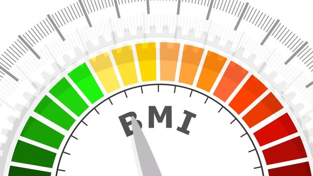Body mass index meter read level result. Color scale with arrow from green to red. The measuring device. Colorful infographic gauge element.
