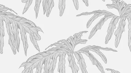 Gordijnen Foliage seamless pattern, Philodendron bipinnatifidum leaves line art ink drawing in dark grey on bright grey © momosama