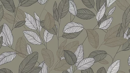 Fototapeten Foliage seamless pattern, eucalyptus leaves line art ink drawing in brown and grey tones © momosama