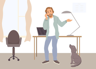 Man hipster speaks by phone, stays, distant, remote works at home. Freelancer, businessman negotiates, stands near dog at office room. Quarantine, isolation, lockdown vector flat cartoon illustration.