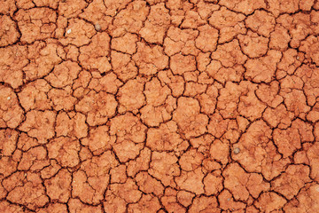 Nature background of cracked dry lands. Natural texture of soil with cracks. Broken clay surface of barren dryland wasteland close-up. Full frame to terrain with arid climate. Lifeless desert on earth
