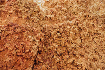Nature background of cracked dry lands. Natural texture of soil with cracks. Broken clay surface of barren dryland wasteland close-up. Full frame to terrain with arid climate. Lifeless desert on earth