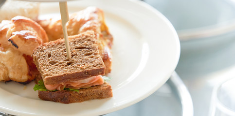 smoked salmon mini sandwich on plate with copy space
