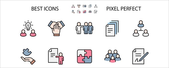 Team Work Filled Outline Icons. Colorful Linear Set Vector Line Icon. Cooperation, Collaboration, Team Meeting and more. 64x64 Pixel Perfect. Editable Stroke