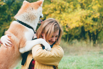 Beautiful ginger husky dog playing with girl in autumn colors. Feeling portrait of woman and foxy dog close-up. Girl plays with white red husky in park in fresh air. Walking pet with owner in outdoor.