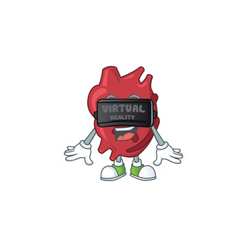 A cartoon mascot of heart enjoying game with Virtual reality headset