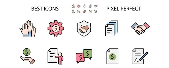 Business Cooperation Filled Outline Icons. Colorful Linear Set Vector Line Icon. Synergy, Partnership, Interaction and more. 64x64 Pixel Perfect. Editable Stroke