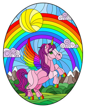 Illustration in stained glass style with pink cartoon unicorn on  background of mountains, rainbow, greenery and sky, oval image