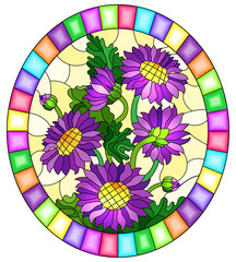 Illustration in stained glass style purple flowers  on a yellow background in a bright frame,oval  image