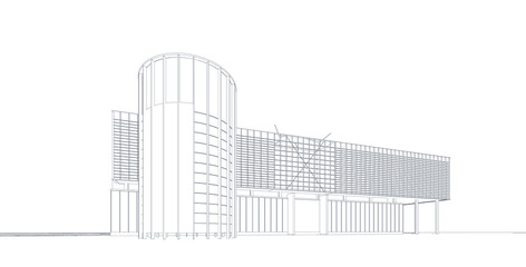Perspective 3D render of building wireframe.