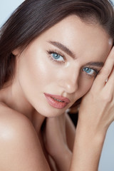 Beauty. Beautiful Woman Close Up Portrait. Young Blue-Eyed Model With Perfect Skin And Natural...