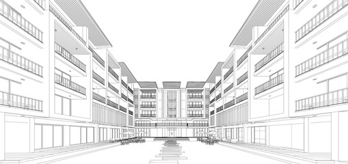 
3d wireframe of building. sketch design.Vector