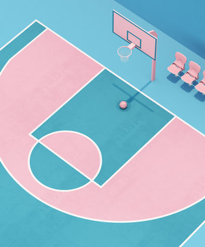 abstract pastel pink blue color basketball court with hoop and ball minimalistic composition. 3d render